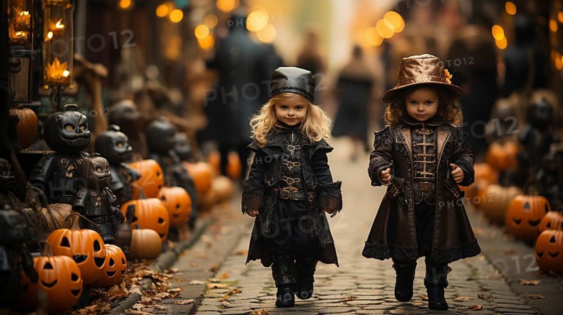 Cute little children dressed up for halloween walking down the sidewalk together
