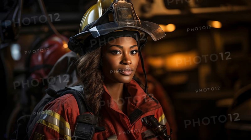 Female african american firefighter wearing protective helmet and gear at a fire incident