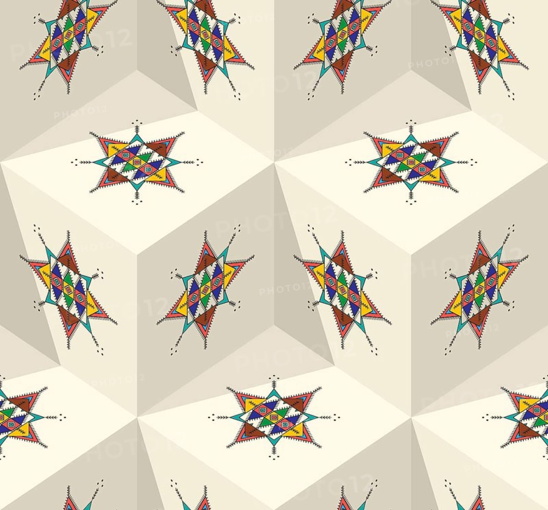 Decorative geometric repeating pattern inspired by Al-Qatt Al-Asiri traditional paintings