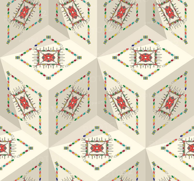 Decorative geometric repeating pattern inspired by Al-Qatt Al-Asiri traditional paintings