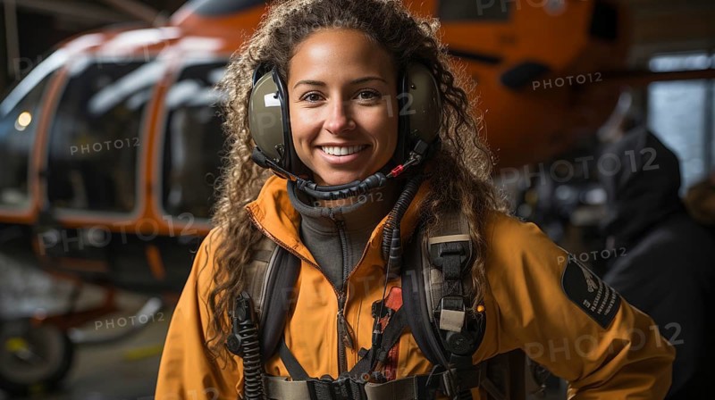 Female african american search and rescue helicopter pilot standing near her aircraft