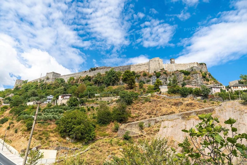 Views from below of the Ottoman castle fortress of Gjirokaster or Gjirokastra. Albanian