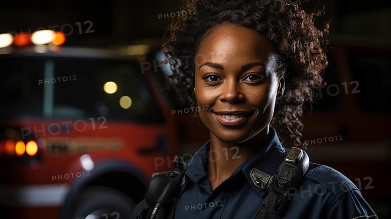 Female african american firefighter at a fire incident