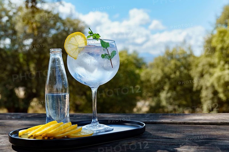 Glass of gin and tonic with ice