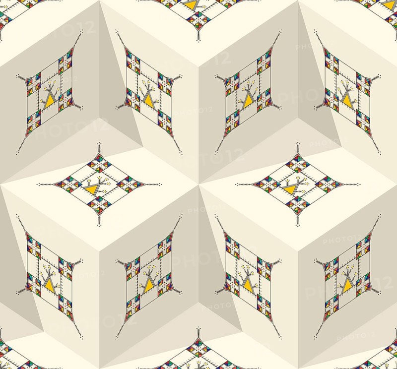Decorative geometric repeating pattern inspired by Al-Qatt Al-Asiri traditional paintings