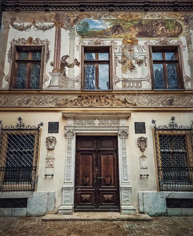 Beautiful painted walls and facade details of the Peles castle the royal residence in Sinaia