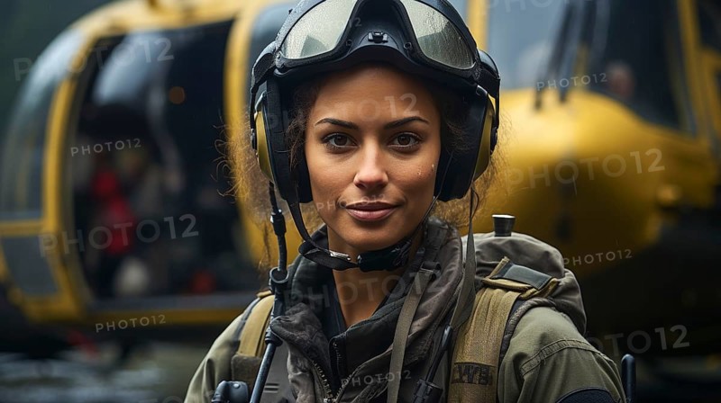 Female african american military helicopter pilot standing near her aircraft