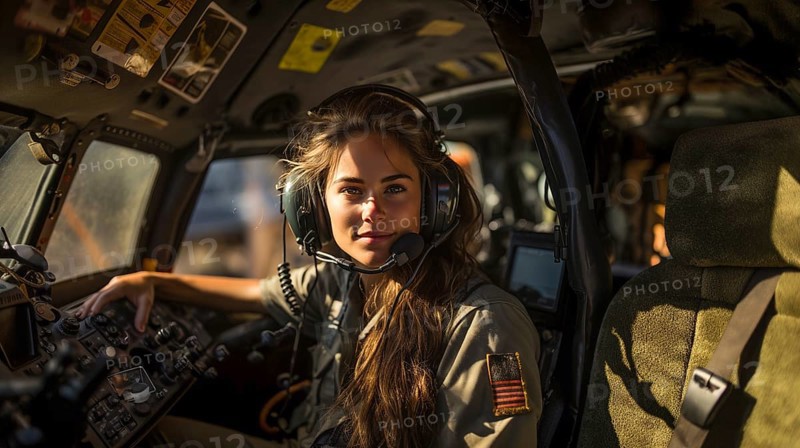 Female military helicopter pilot in the cockpit