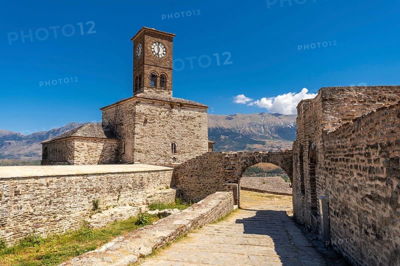 The clock tower in the Ottoman castle fortress of Gjirokaster or Gjirokastra. Albania