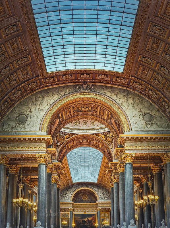 Architectural details of the Gallery of Great Battles hall inside Versailles palace