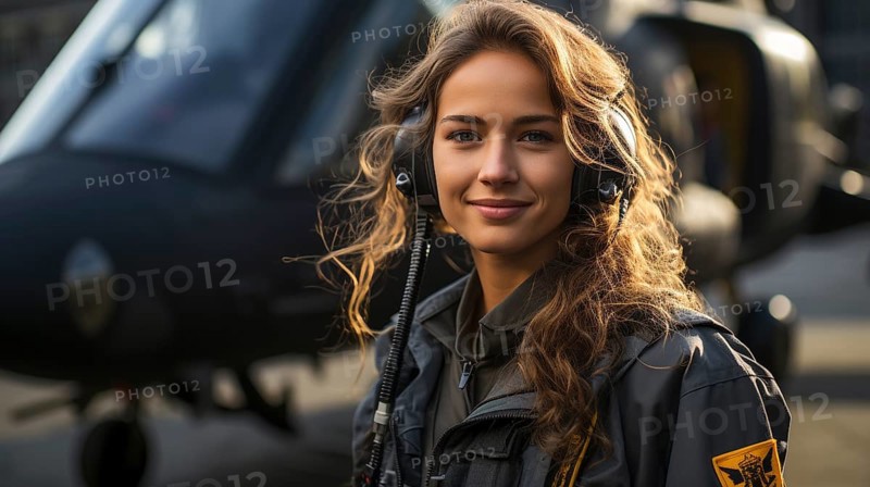 Female military helicopter pilot standing near her aircraft
