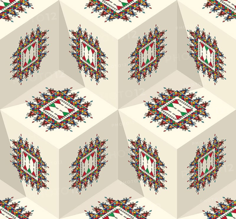 Decorative geometric repeating pattern inspired by Al-Qatt Al-Asiri traditional paintings