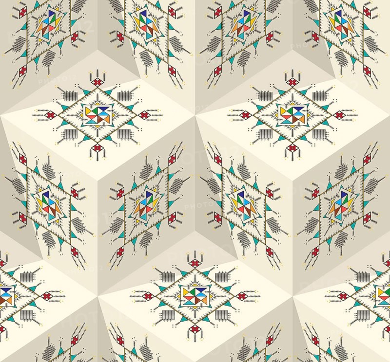 Decorative geometric repeating pattern inspired by Al-Qatt Al-Asiri traditional paintings