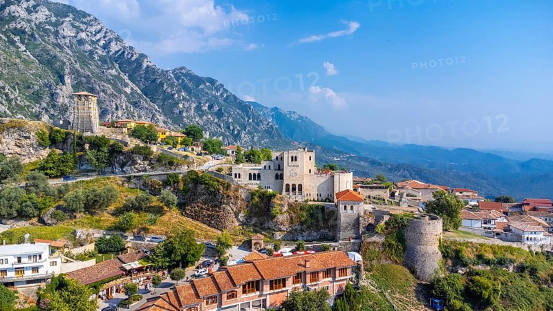Aerial drone view of Kruje Castle and its fortress