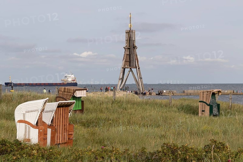 Beach chairs in front of the Kugelbake