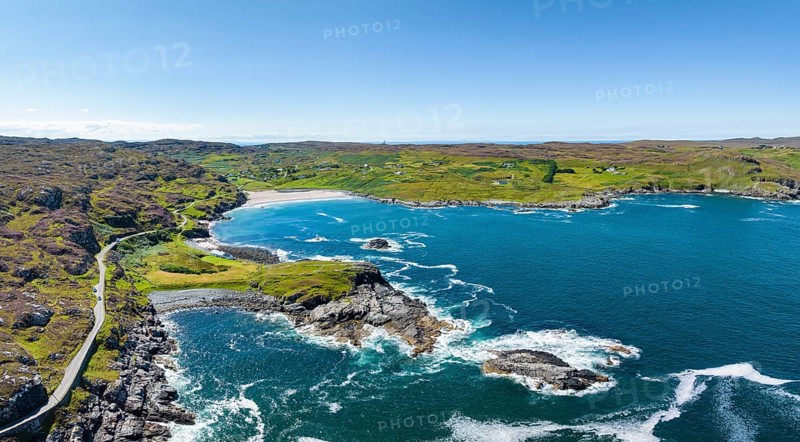Aerial panorama of Clashnessie Bay and the single track road and scenic route B869