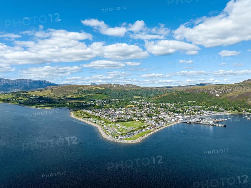 Aerial view of Loch Broom with the harbour town of Ullapool in the Northwest Highlands