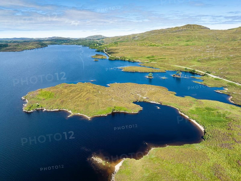 Aerial view of the freshwater loch Loch Assynt