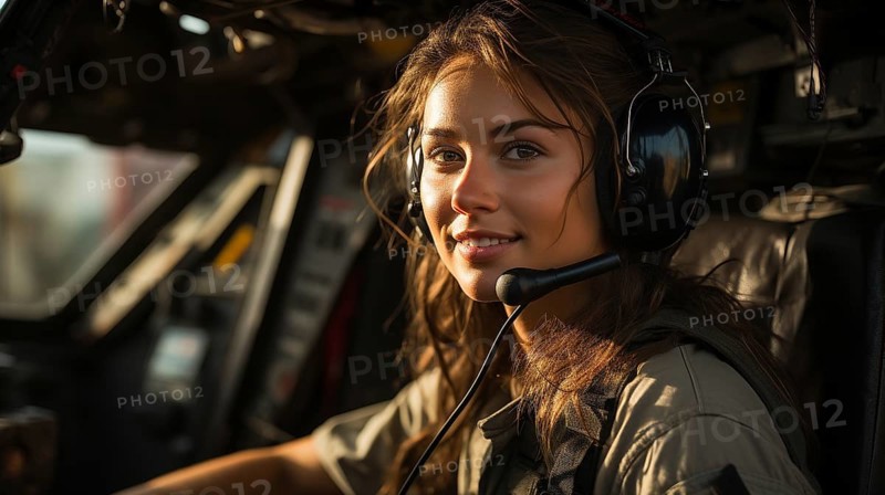 Female military helicopter pilot in the cockpit
