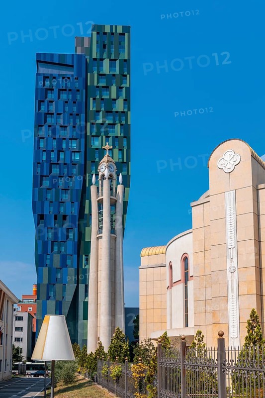Colorful towers next to the Orthodox Cathedral of the Resurrection of Christ near Skanderbeg Square in Tirana. Albania