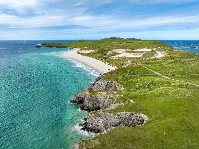 Aerial view of the dune landscape on the Faraid Head peninsula with sandy beach