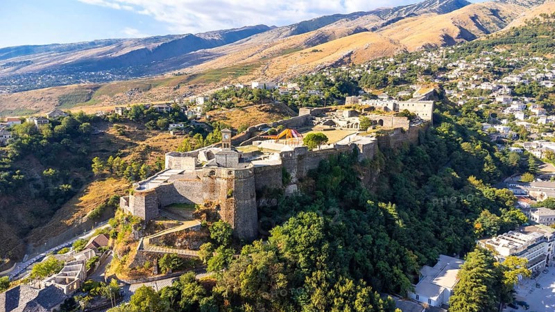 Aerial view of the old castle and fortress of Gjirokaster or Gjirokastra