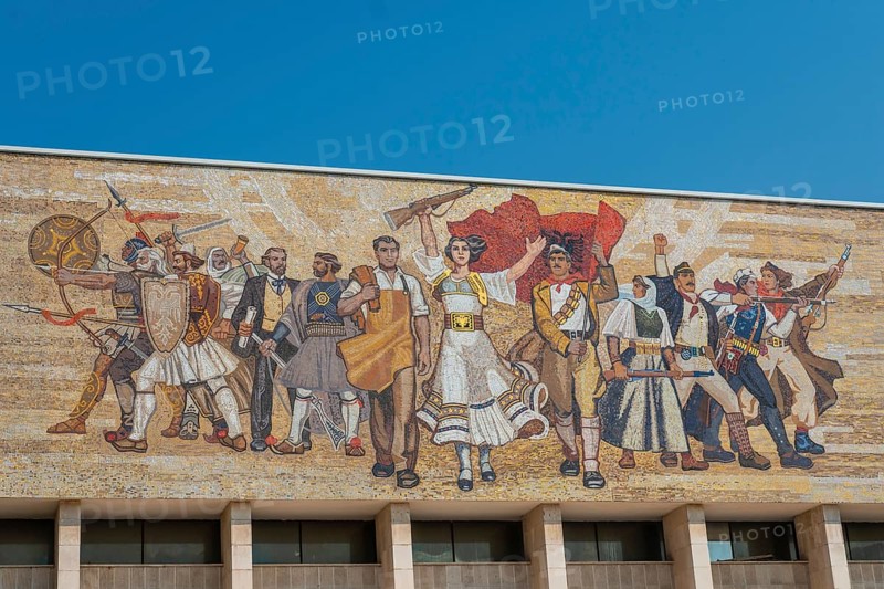 Beautiful painting of the revolution at the entrance to the National Historical Museum in Skanderbeg Square in Tirana. Albania