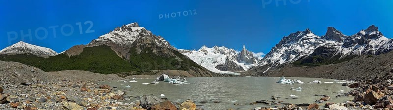 High resolution panorama of Laguna Torre with the peaks around Cerro Torre