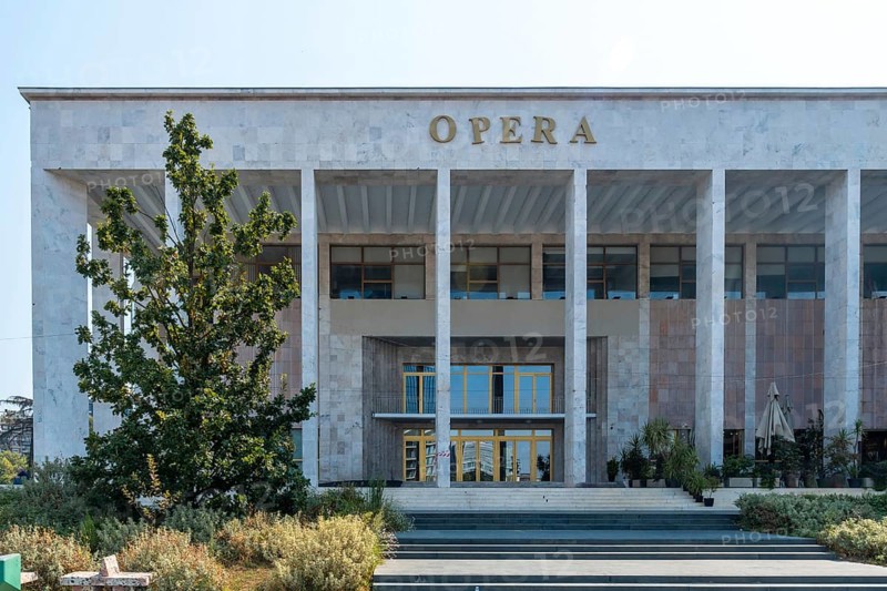 Entrance to the Palace of Culture or Opera at Skanderbeg Square in Tirana. Albania