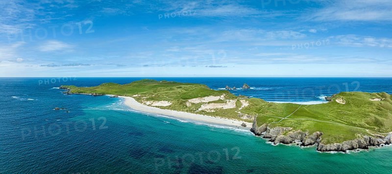 Aerial panorama of Faraid Head peninsula with dunes and sandy beach