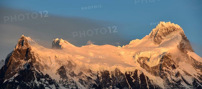 The glacier and summit of Cerro Paine Grande at sunrise