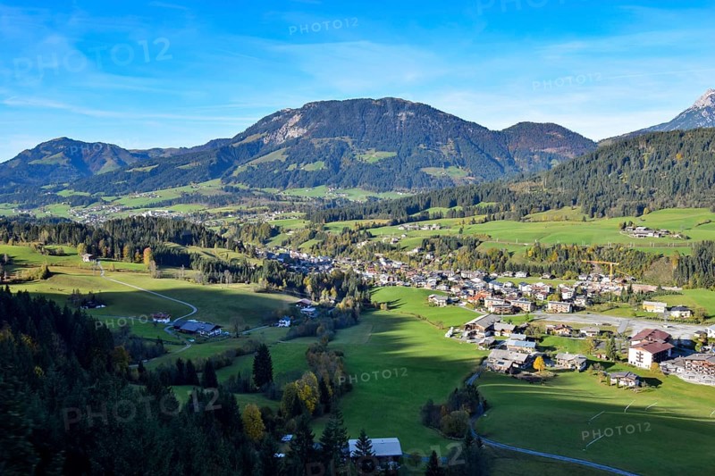 View from the Laerchfilzkogel cable car in autumn of Fieberbrunn in Tyrol