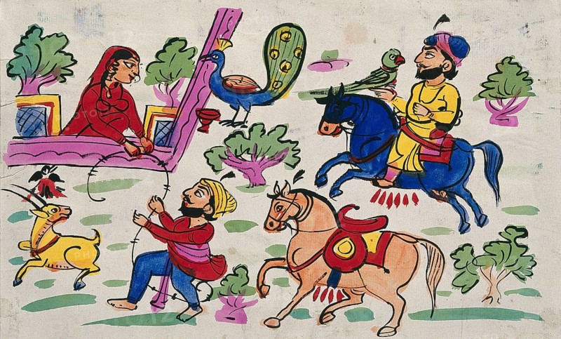 A hunting party meets a woman feeding a peacock