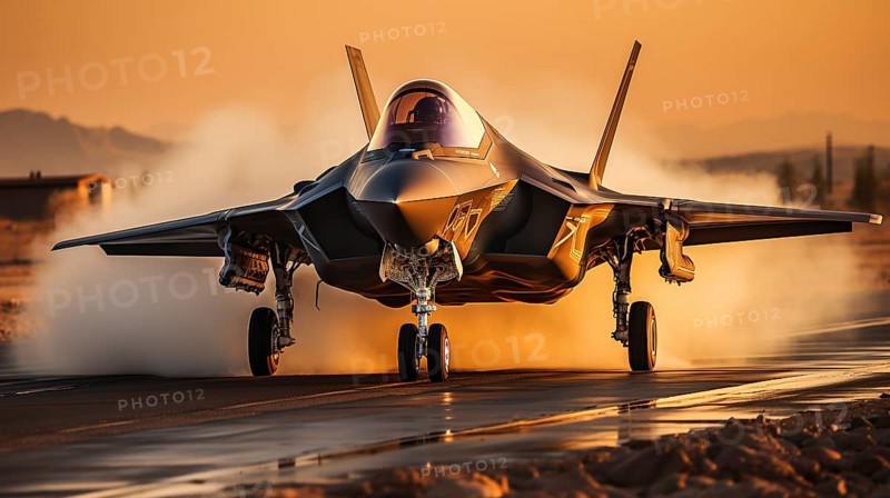 A lockheed martin F-35 fighter jet takes off of a runway