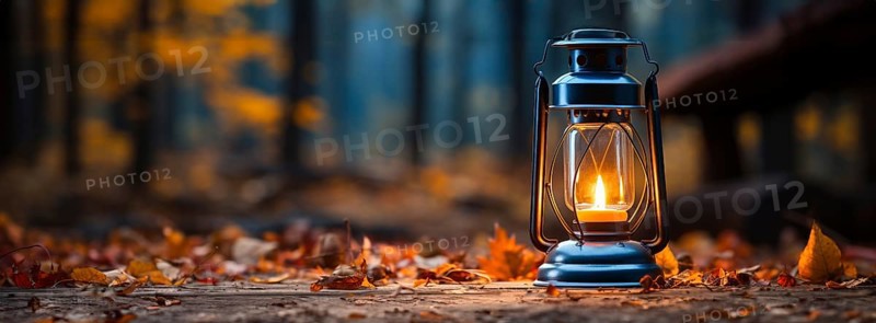 Warm and inviting lit vintage lantern resting on wood planks base outdoors in a fall setting