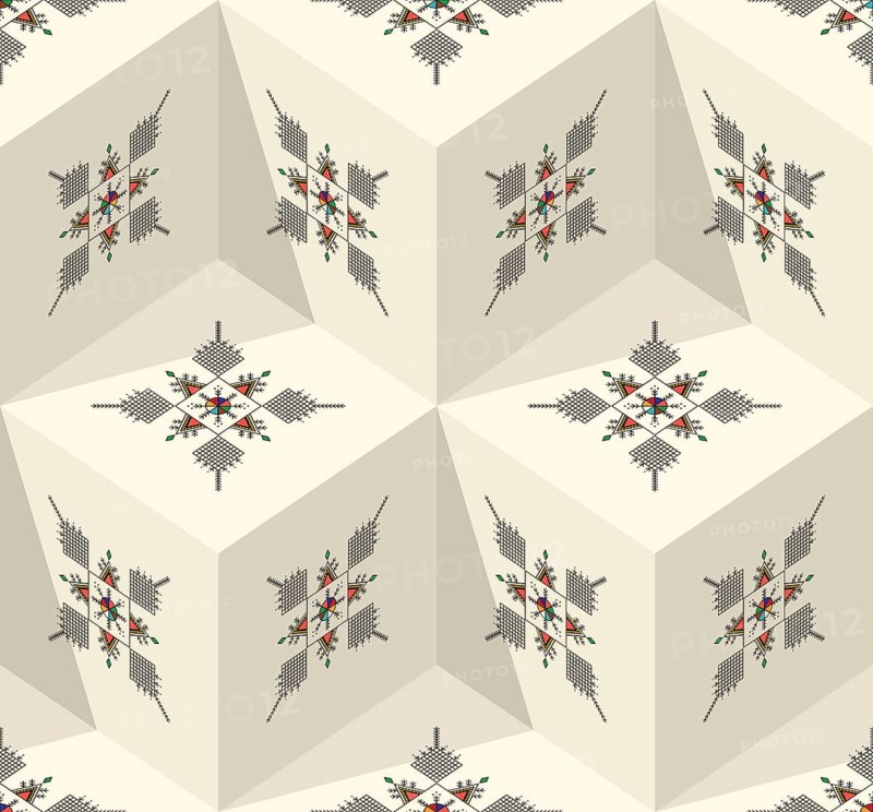 Decorative geometric repeating pattern inspired by Al-Qatt Al-Asiri traditional paintings