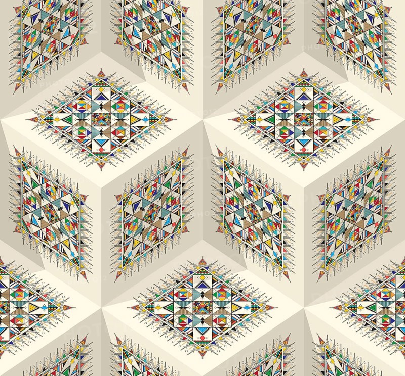 Decorative geometric repeating pattern inspired by Al-Qatt Al-Asiri traditional paintings