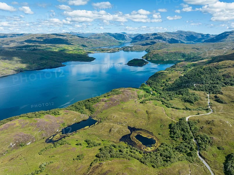 Aerial view of the freshwater loch Loch a' Chairn Bhain in the Northwest Highlands