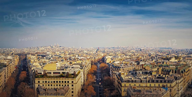 Paris cityscape panoramic view to Sacre Coeur Basilica of Montmartre