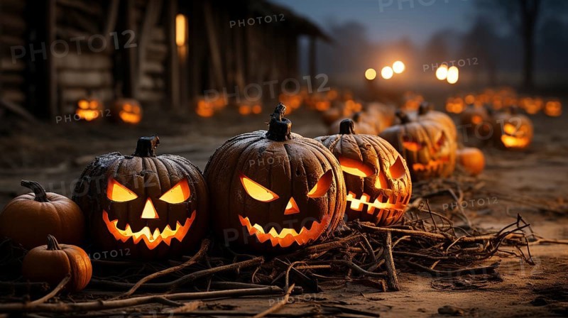 Spooky and fun collection of dozens of halloween carved pumpkins outside on hallows eve