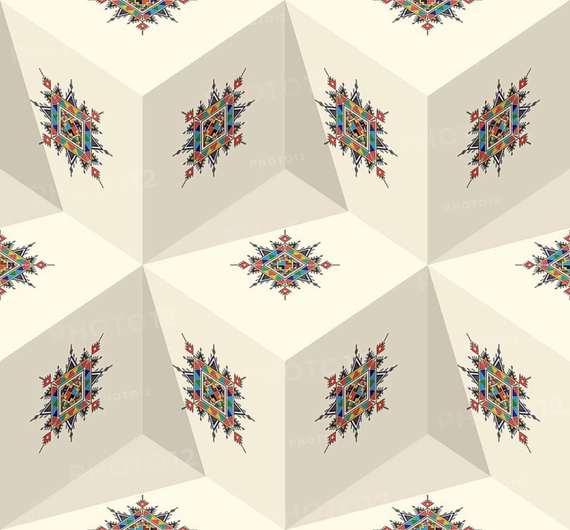 Decorative geometric repeating pattern inspired by Al-Qatt Al-Asiri traditional paintings