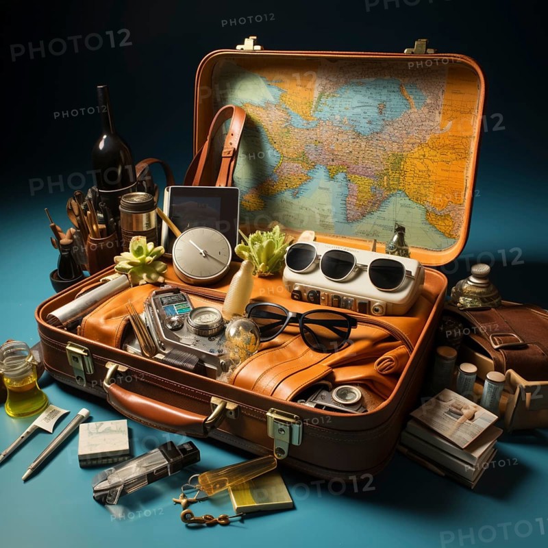 Travel preparation Packed old leather suitcase with photo