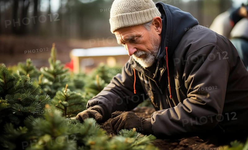 Middle-aged man working at the christmas tree farm during the holiday season. generative AI