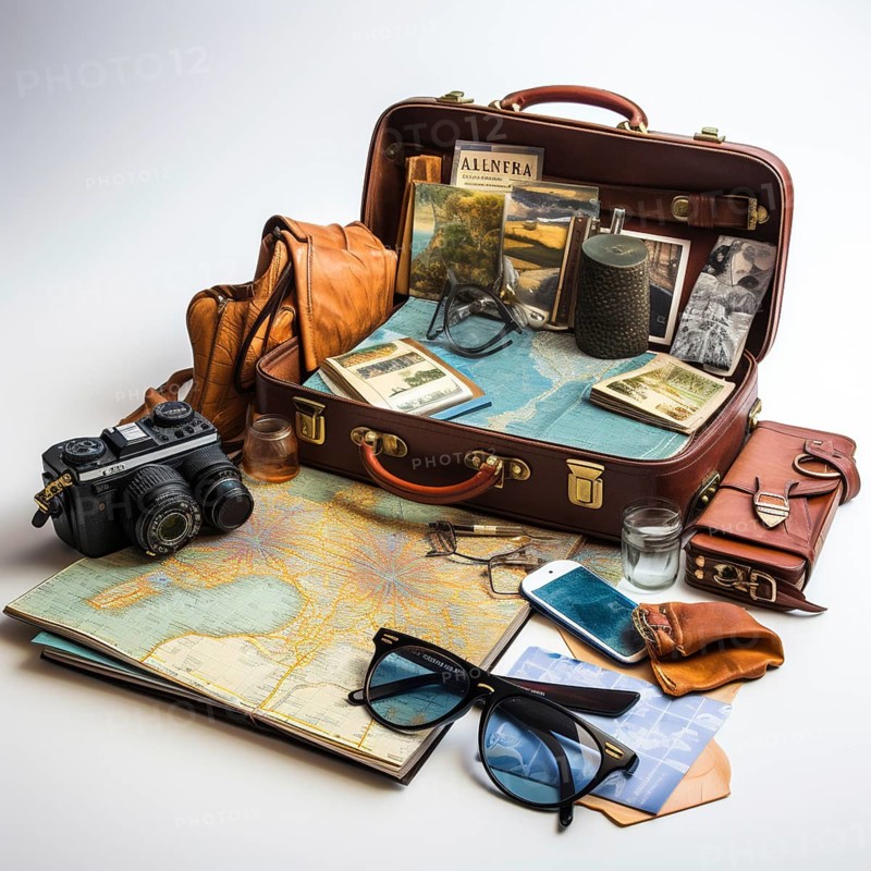 Travel preparation Packed old leather suitcase with photo