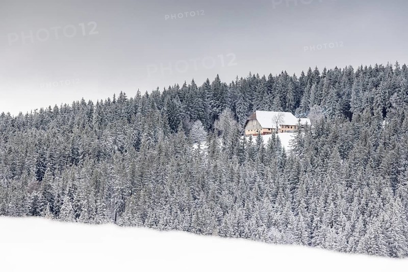 Old farm snowed in