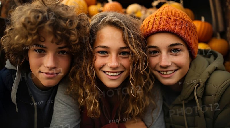 A few teenaged friends pose for a portrait as they enjoy the fall gathering on the farm