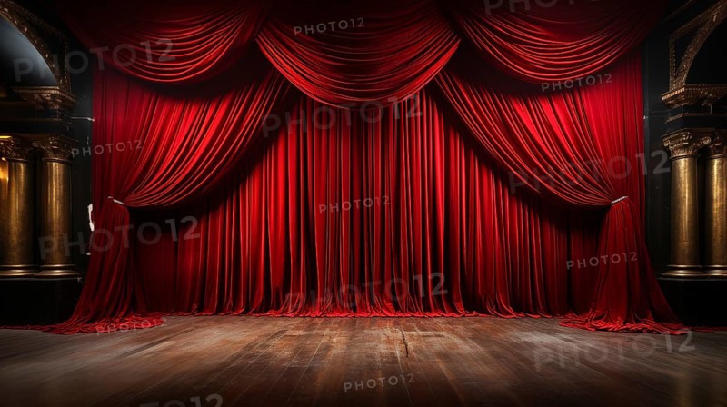 Dramatically lit lustrous red velvet theatre curtains and wooden stage floor. generative AI