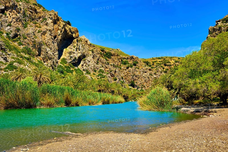 View of Kourtaliotis river and canyon near Preveli beach at Libyan sea
