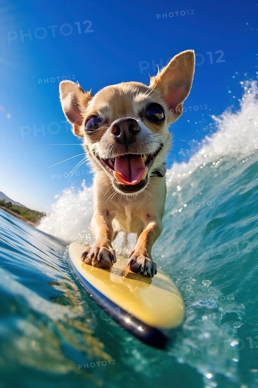 Excited Chihuahua riding a wave on a surfbard on a sunny day with blue sky. AI generated