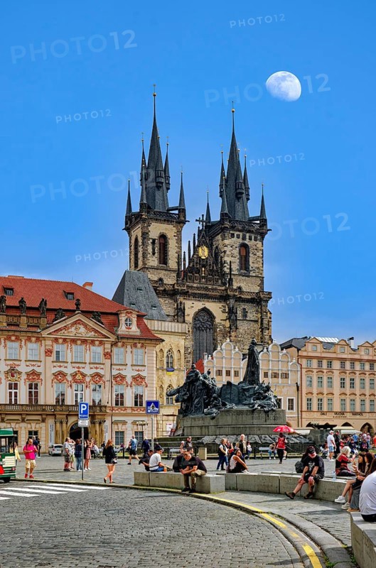 Jan Hus Monument and Teyn Church on Old Town Square